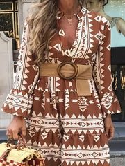  Bell Sleeve Geometric Print V Neck Smock Mini Dress