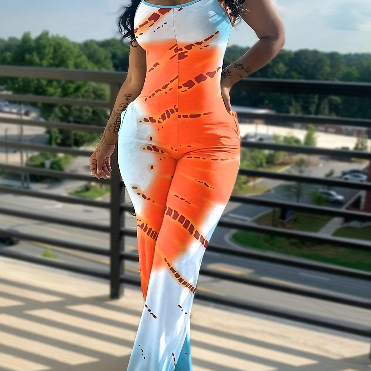  Tie Dye Round Neck Jumpsuit Medium Stretch Cami Jumpsuit