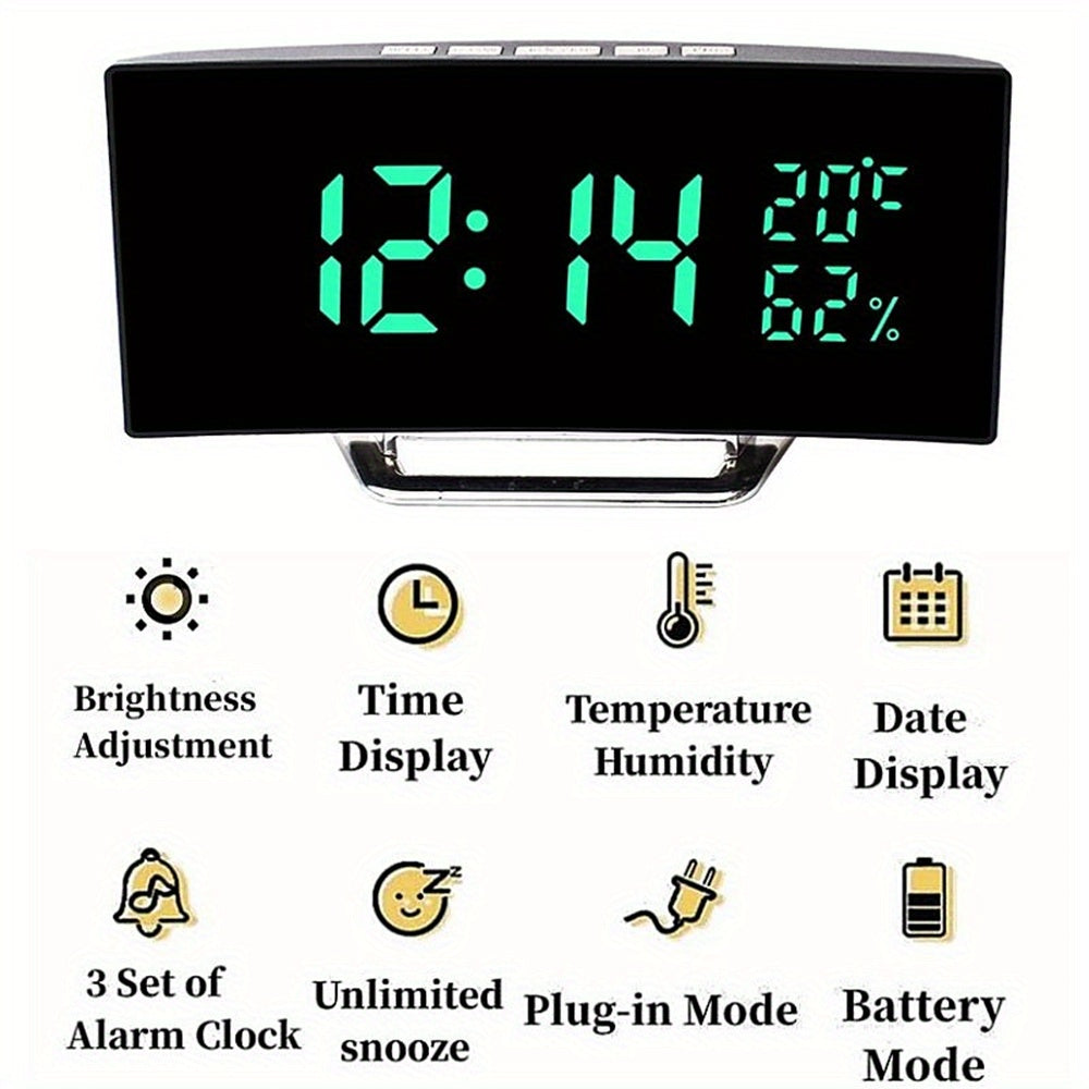 Curved Screen Digital Alarm Clock Temperature Humidity 3 Alarms Unlimited Snooze