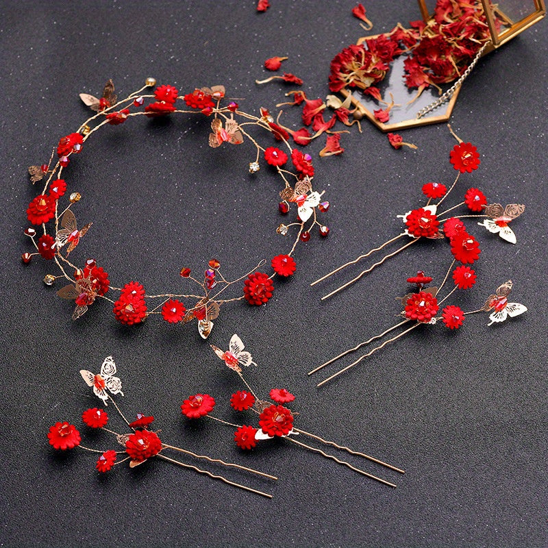 Red Flowers Headband Hairpins Clip Earring Set Chinese Style Bridal Wedding