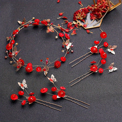 Red Flowers Headband Hairpins Clip Earring Set Chinese Style Bridal Wedding