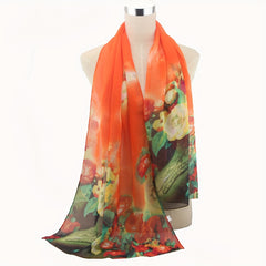 Flower Print Chiffon Scarf Gradient Shawl Thin Boho Hijab Sunscreen Head Wrap