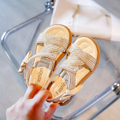 Girls Rhinestone Bow Sandals Open Toe Non-slip Party Beach Sandals