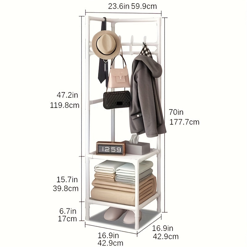 Triangle Corner Coat Rack with 2 Storage Shelves & Hooks