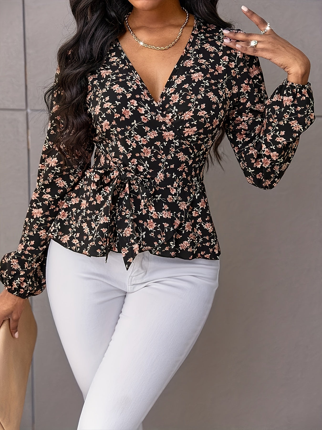  Boho Blouse Women's Plus Ditsy Floral Print Lantern Sleeve