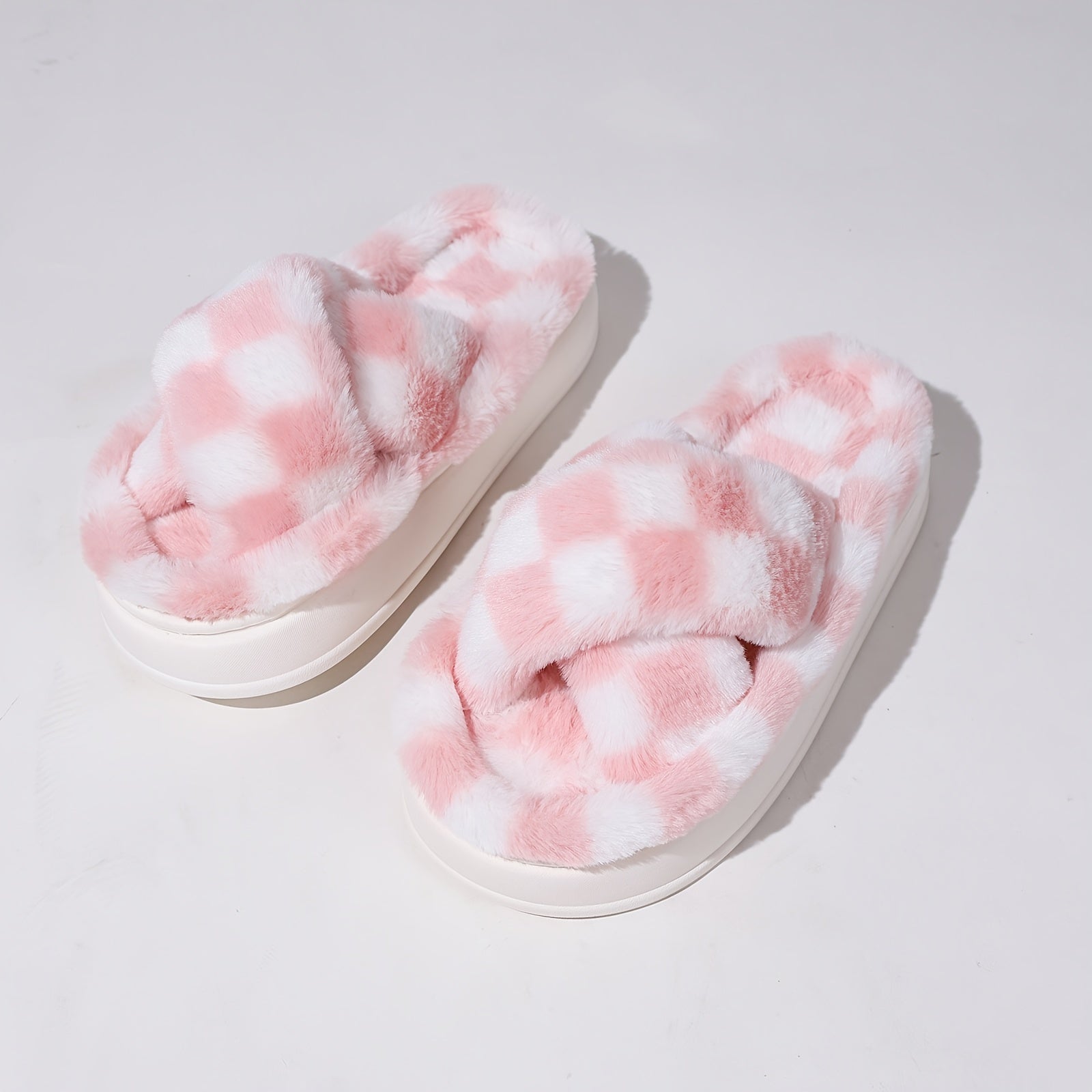 Plaid Pattern Fuzzy Slippers Slide Sandals