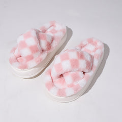 Plaid Pattern Fuzzy Slippers Slide Sandals