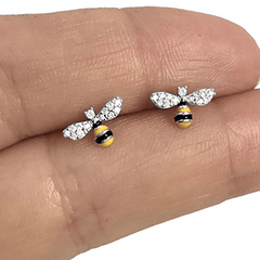 Zircon Bee Stud Earrings Silver Plated Minimalist Style Jewelry