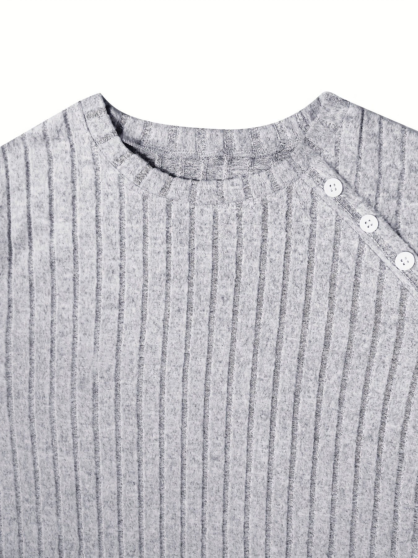  Solid Button Decor Crew Neck Sweater Dress Long Sleeve Ribbed Knit