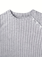  Solid Button Decor Crew Neck Sweater Dress Long Sleeve Ribbed Knit