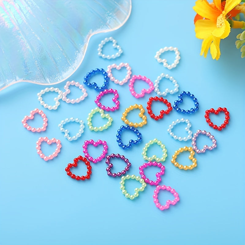 300Pcs Colorful Hollow Pearly Heart Pearl Nail Charm Acrylic Heart Decoration