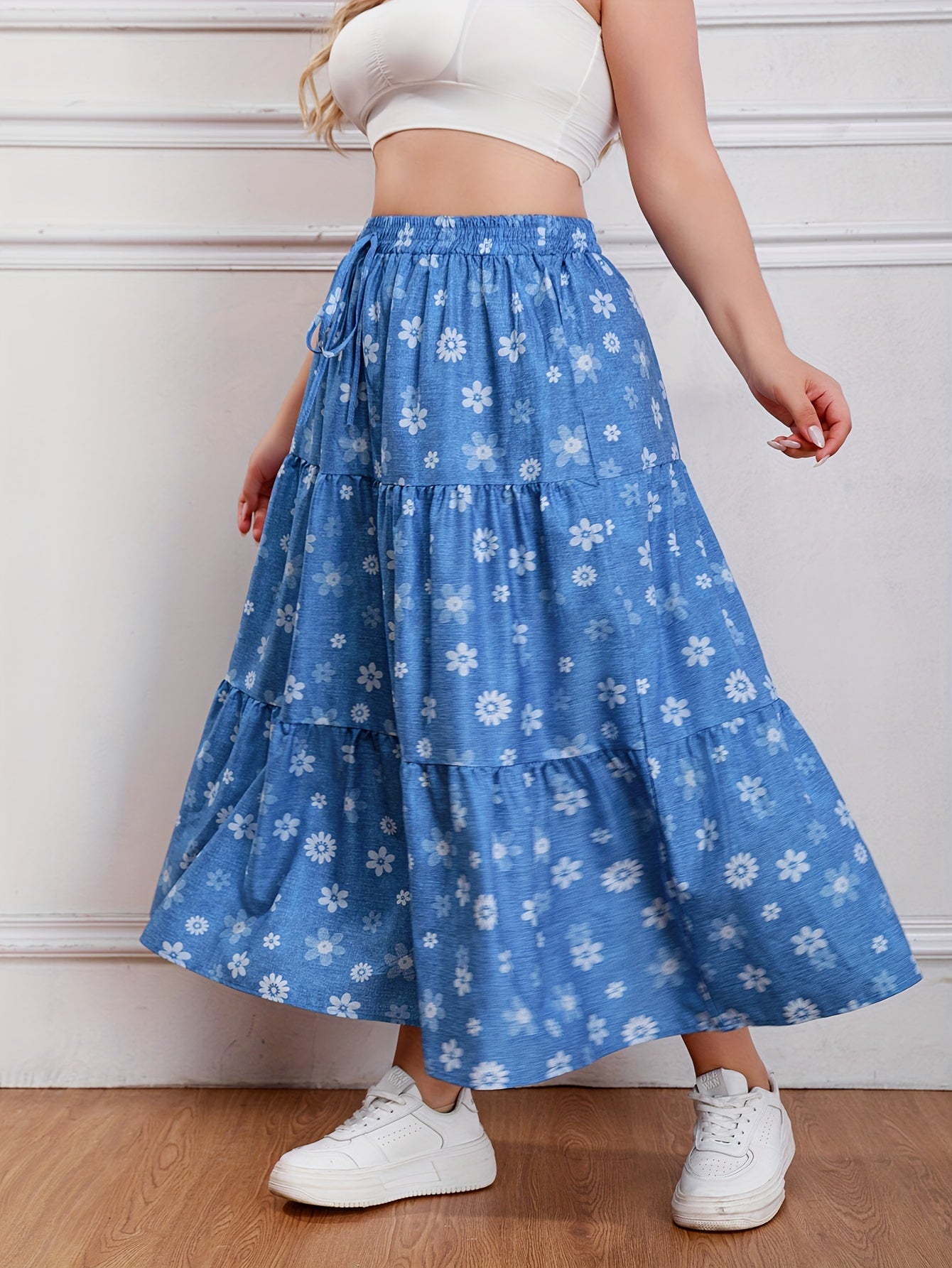  Floral Print Drawstring Maxi Skirt