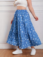  Floral Print Drawstring Maxi Skirt