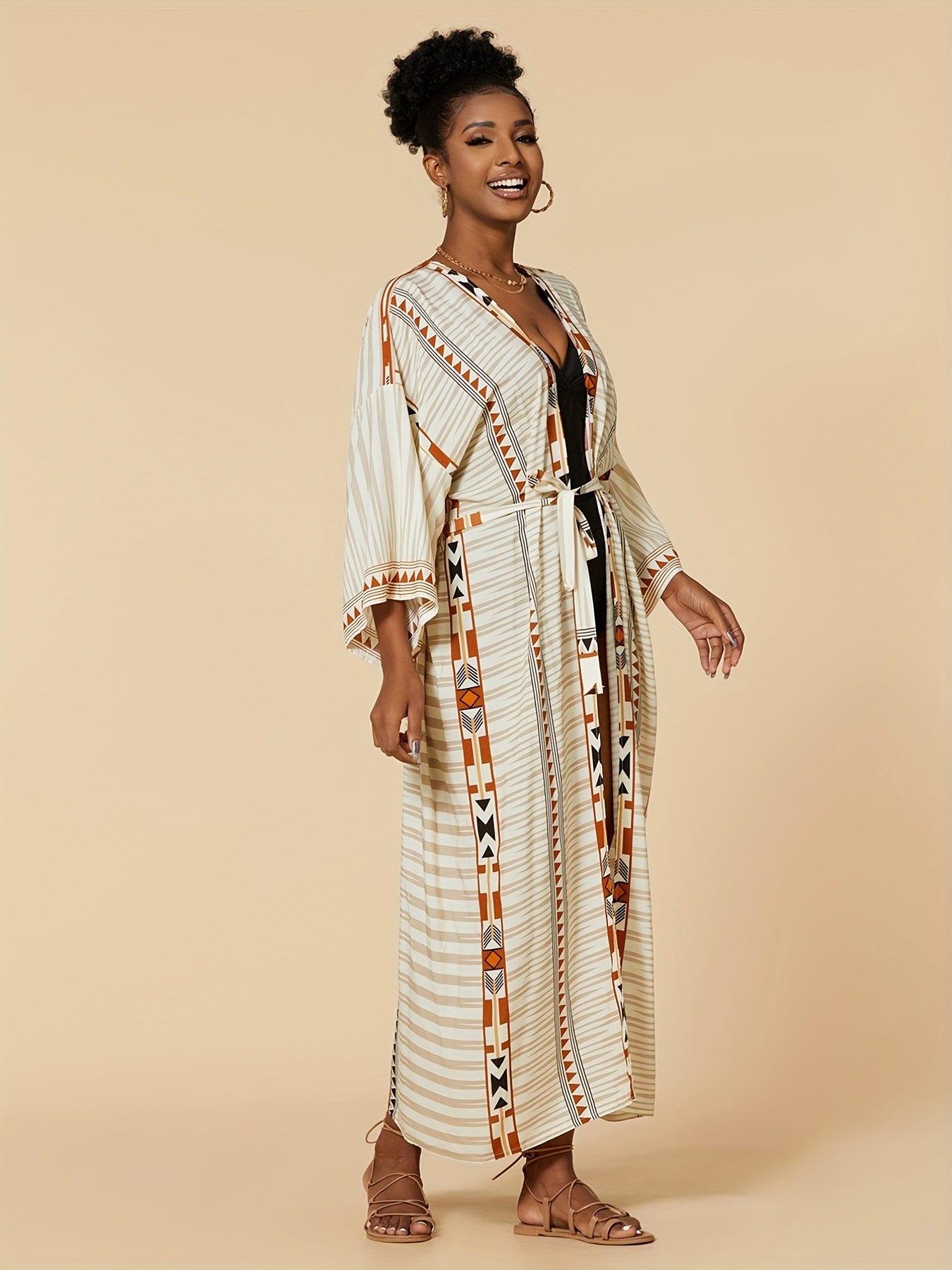 Boho Cover Up Women's Plus Tribal Print Long Sleeve Cover Up