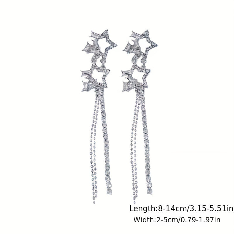 Hollow Star Long Tassel Earrings Double Star Inlaid Zircon Jewelry Gift