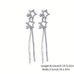 Hollow Star Long Tassel Earrings Double Star Inlaid Zircon Jewelry Gift