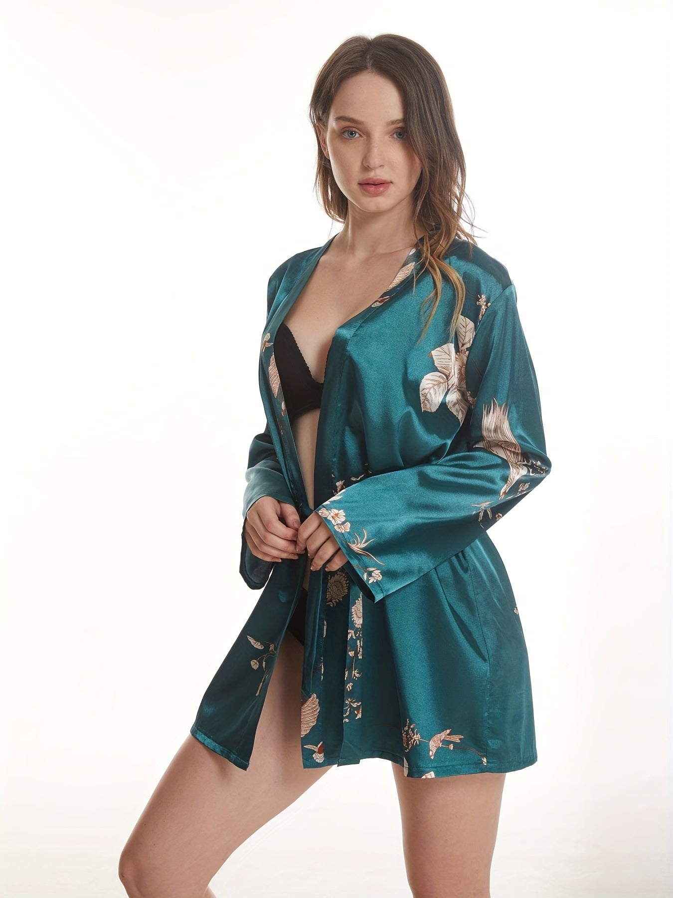 Floral Print Satin Night Robe Long Sleeve V Neck with Belt