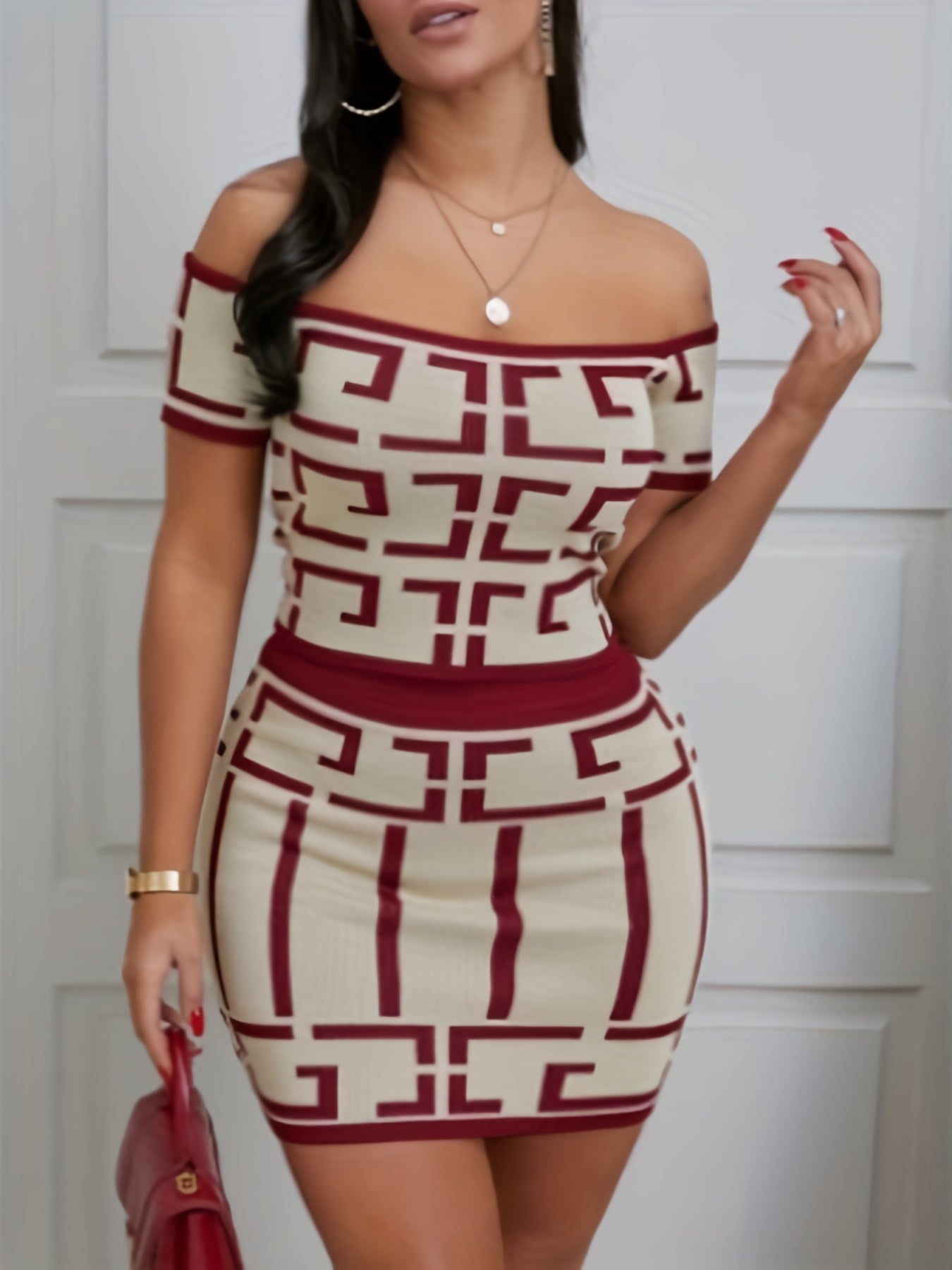 Sexy Geo Print 2pc Set Off Shoulder Top & High Waist Skirt