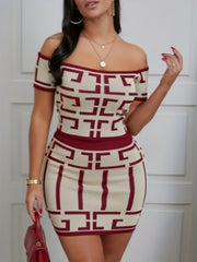 Sexy Geo Print 2pc Set Off Shoulder Top & High Waist Skirt