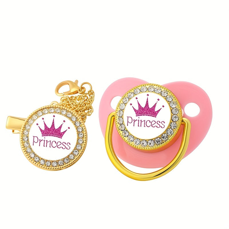Crown Princess Prince Diamond Pacifier with Chain Clip