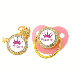 Crown Princess Prince Diamond Pacifier with Chain Clip