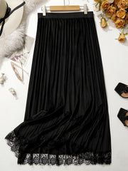  Lace Trim Maxi Skirt High Rise Elastic Waist