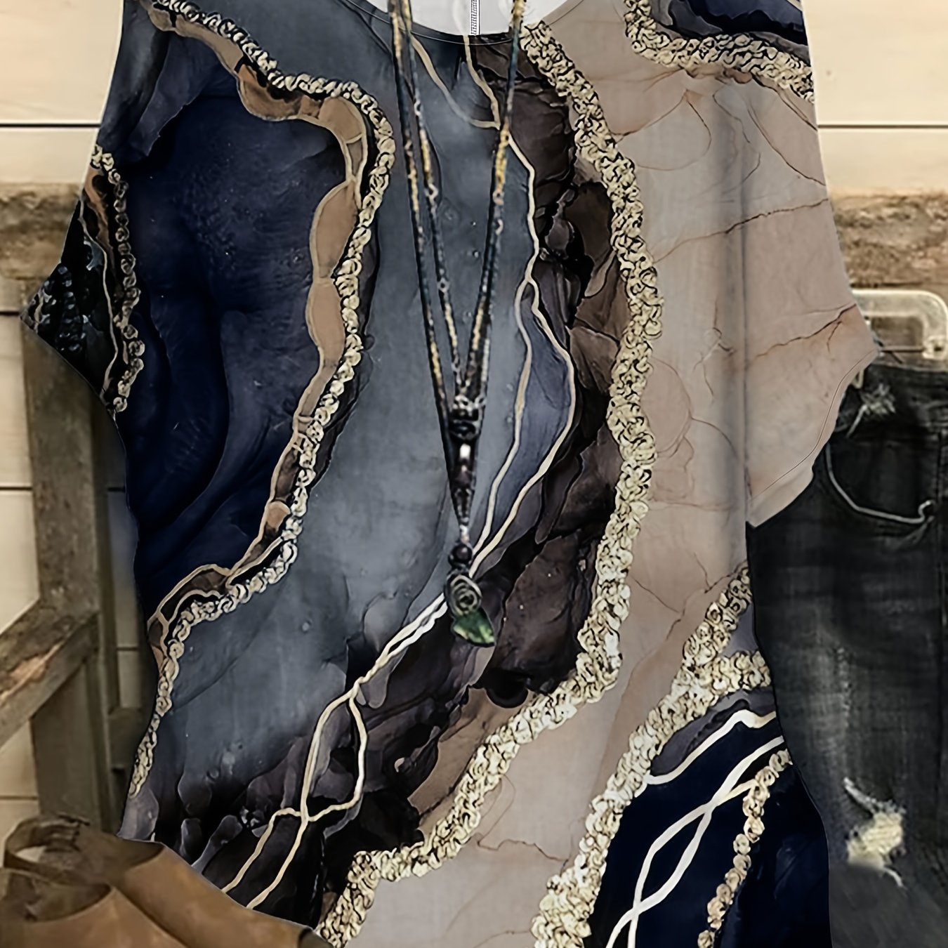  Marble Print Short Sleeve Blouse