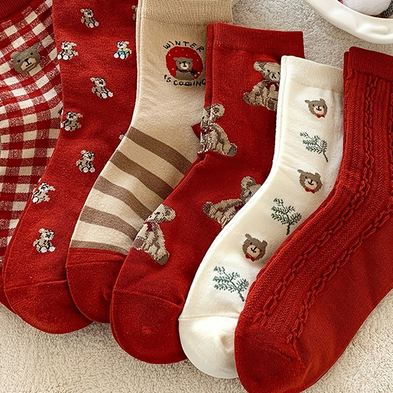 Teddy Bear Red Socks Comfy Mid Tube Women's Stockings