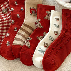 Teddy Bear Red Socks Comfy Mid Tube Women's Stockings