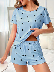 Heart Print Pajama Set Crew Neck Top & Loose Shorts Women's Loungewear