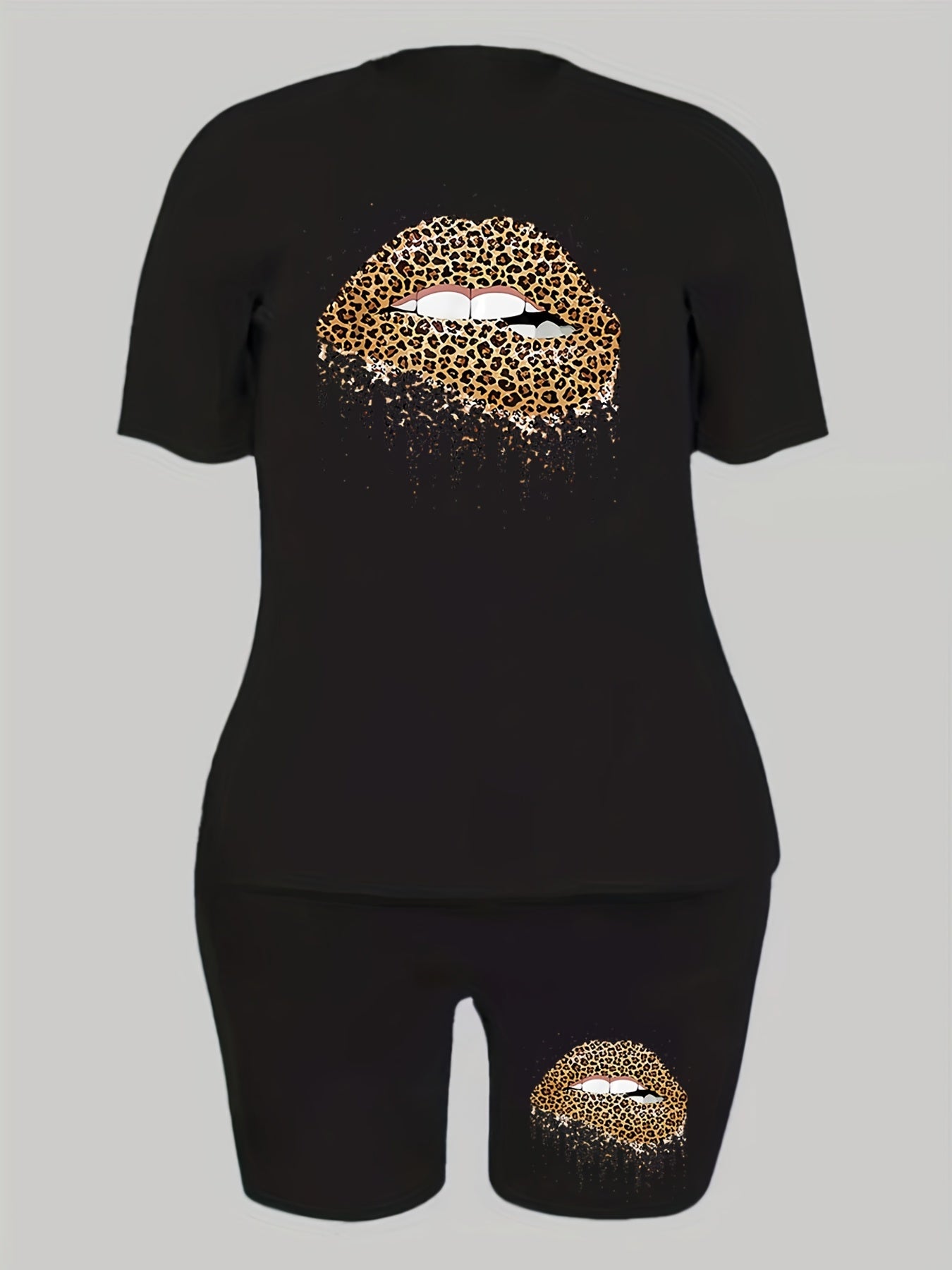  Leopard Lip Print Crop Top & Shorts Set