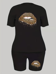  Leopard Lip Print Crop Top & Shorts Set