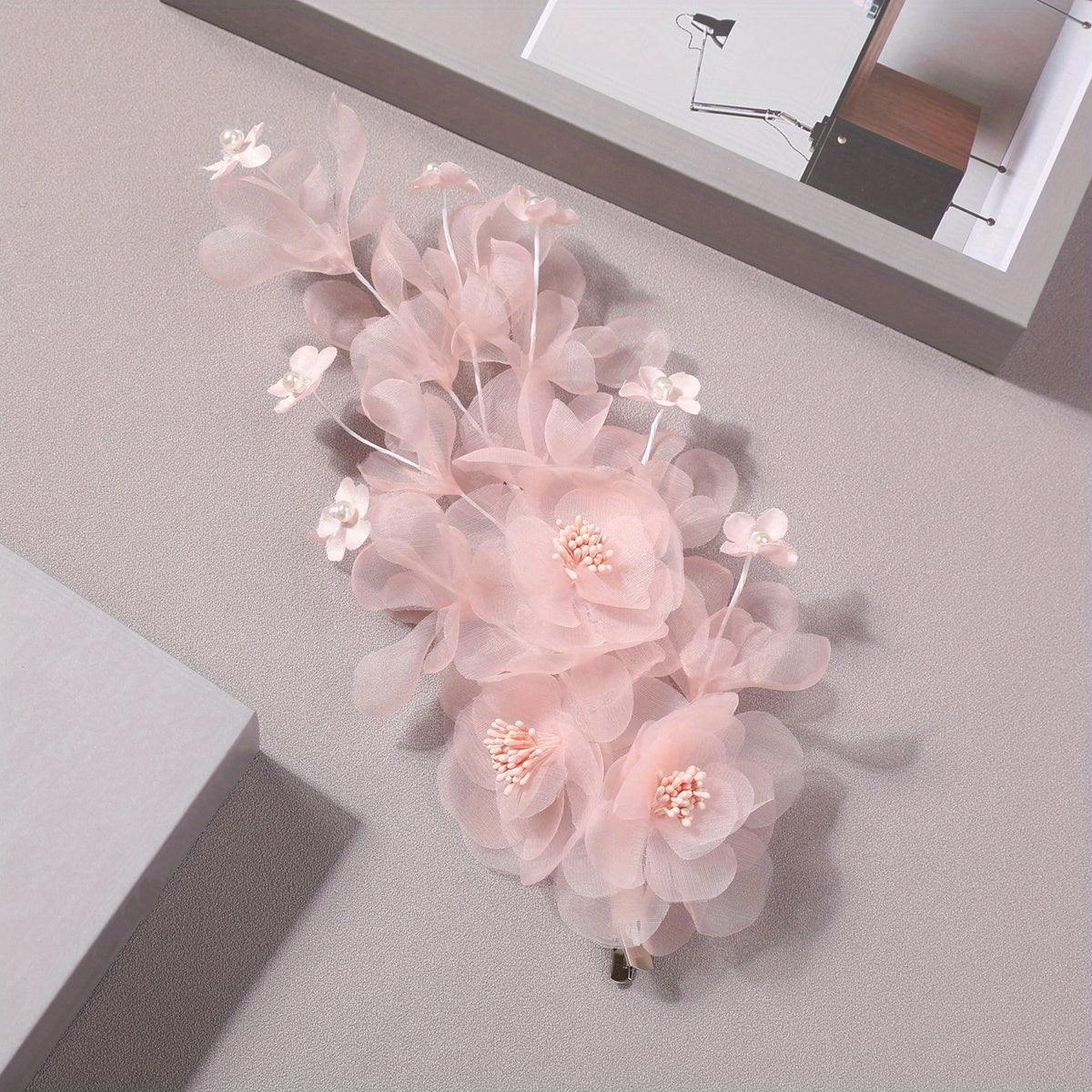 Salmon Pink Flower Hair Clip Large Mesh Flower Duck Billed Clip