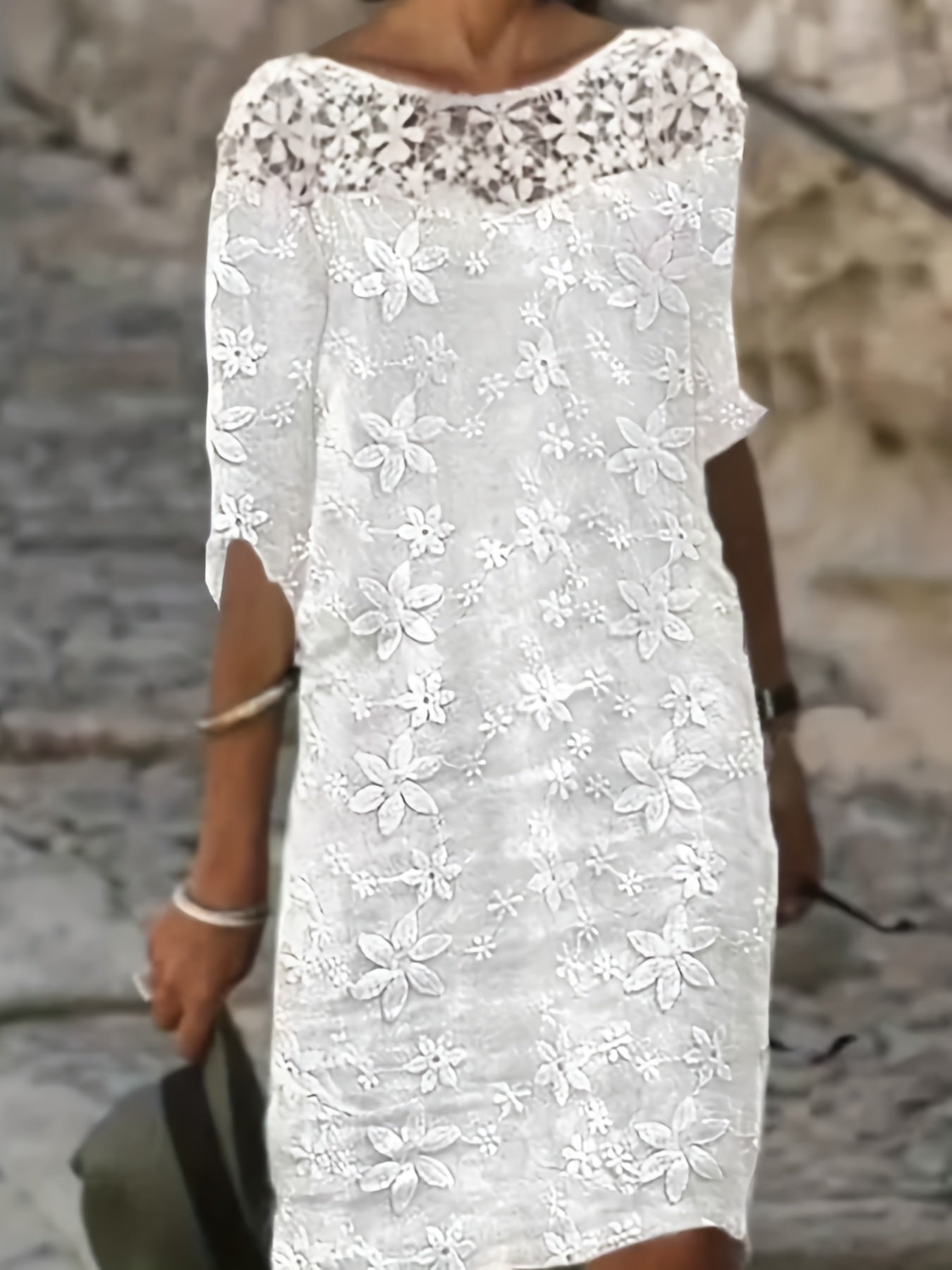  Embroidered Lace Sleeve Casual Dress