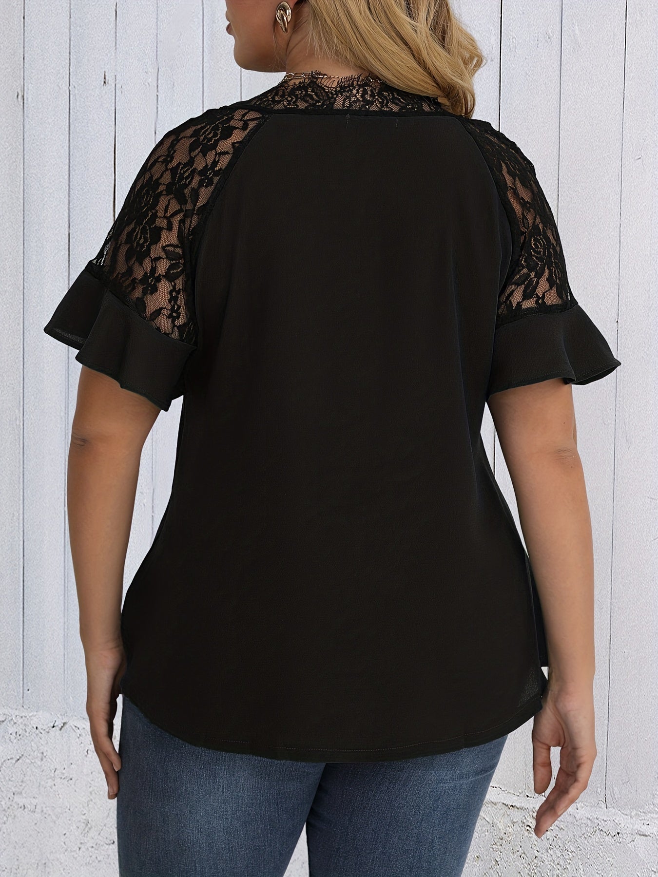  Solid Lace Ruffle Trim Bell Sleeve V Neck Top
