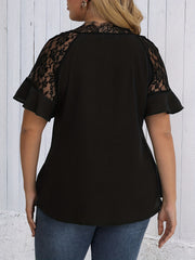  Solid Lace Ruffle Trim Bell Sleeve V Neck Top
