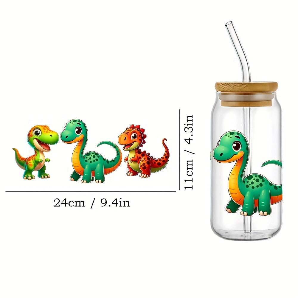 4pcs Dinosaur High UV DTF Wraps Transfer Paper for 16oz Glass Bottle