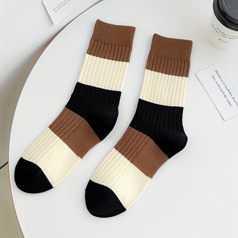 3 Pairs College Style Colorblock Striped Socks Women's Stockings