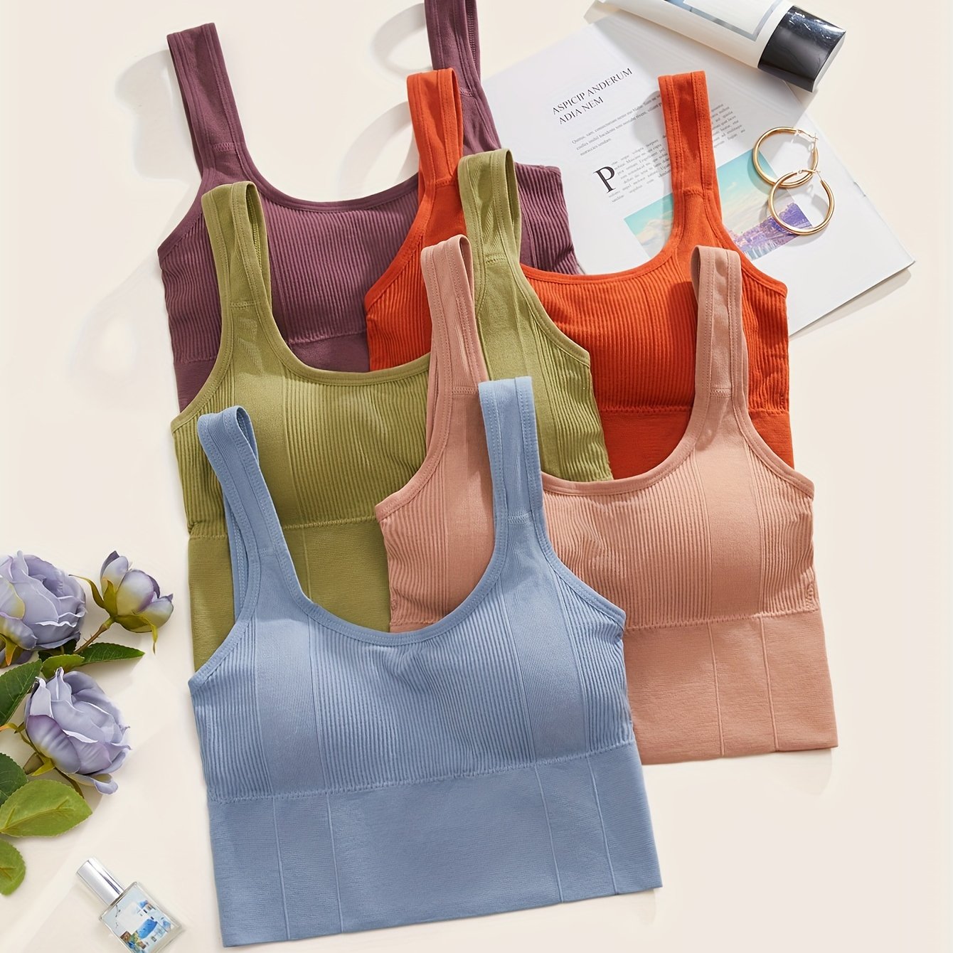 5pcs Solid Sports Bras Breathable Running Workout Tank Bra Women's Lingerie