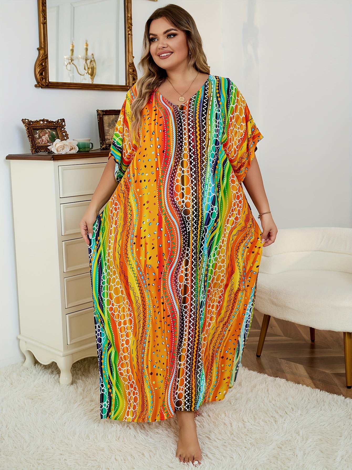 Rainbow Striped Batwing Sleeve Beachwear Kaftan Dress