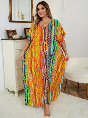  Rainbow Striped Batwing Sleeve Beachwear Kaftan Dress