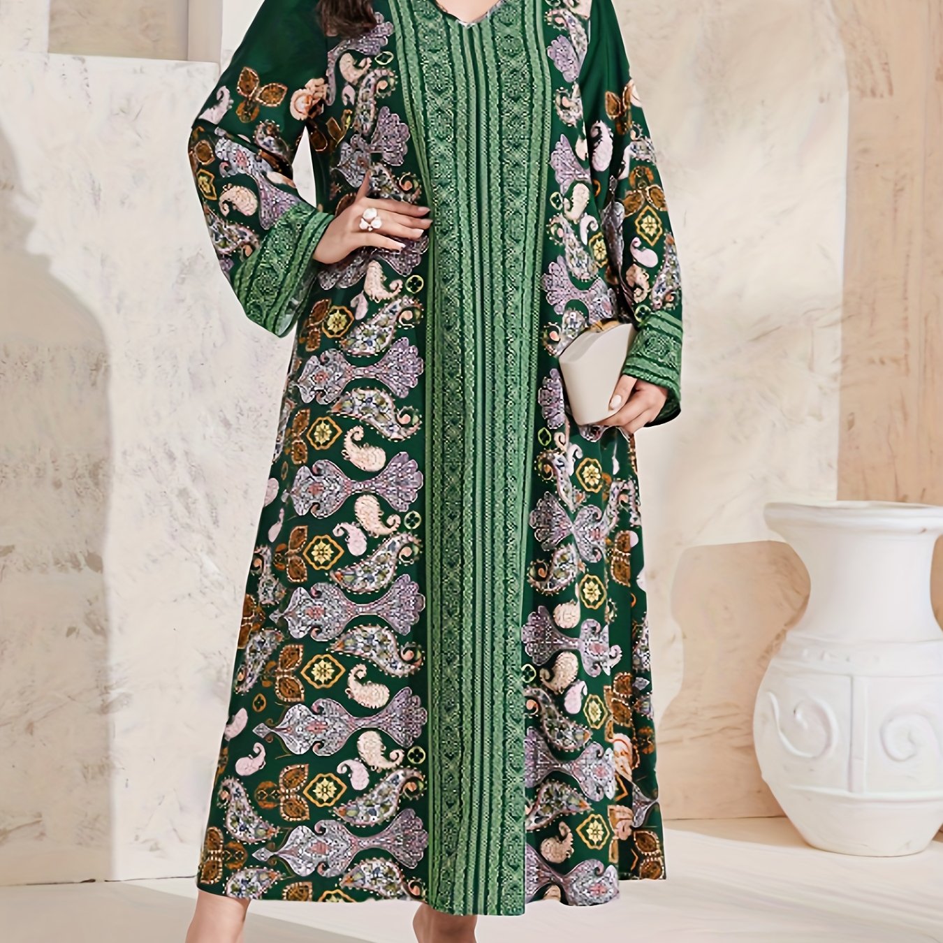  Abaya Dress Women's Plus Paisley Floral Geometric Print Long Sleeve