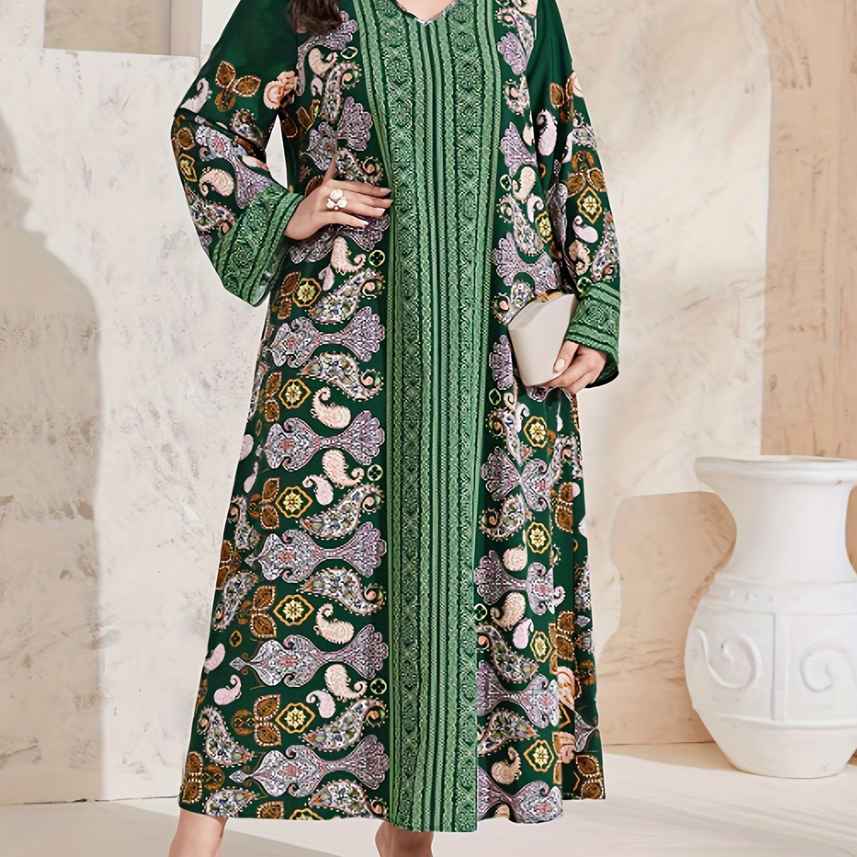  Abaya Dress Women's Plus Paisley Floral Geometric Print Long Sleeve