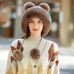 Thick Warm Fleece Winter Beanie Hat with Faux Fur Pom Pom