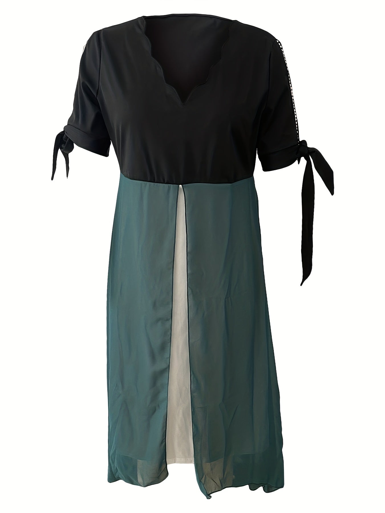  Colorblock Faux Pearl V Neck Maxi Dress