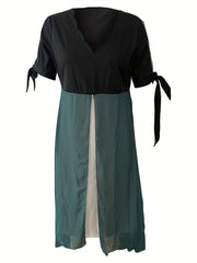  Colorblock Faux Pearl V Neck Maxi Dress