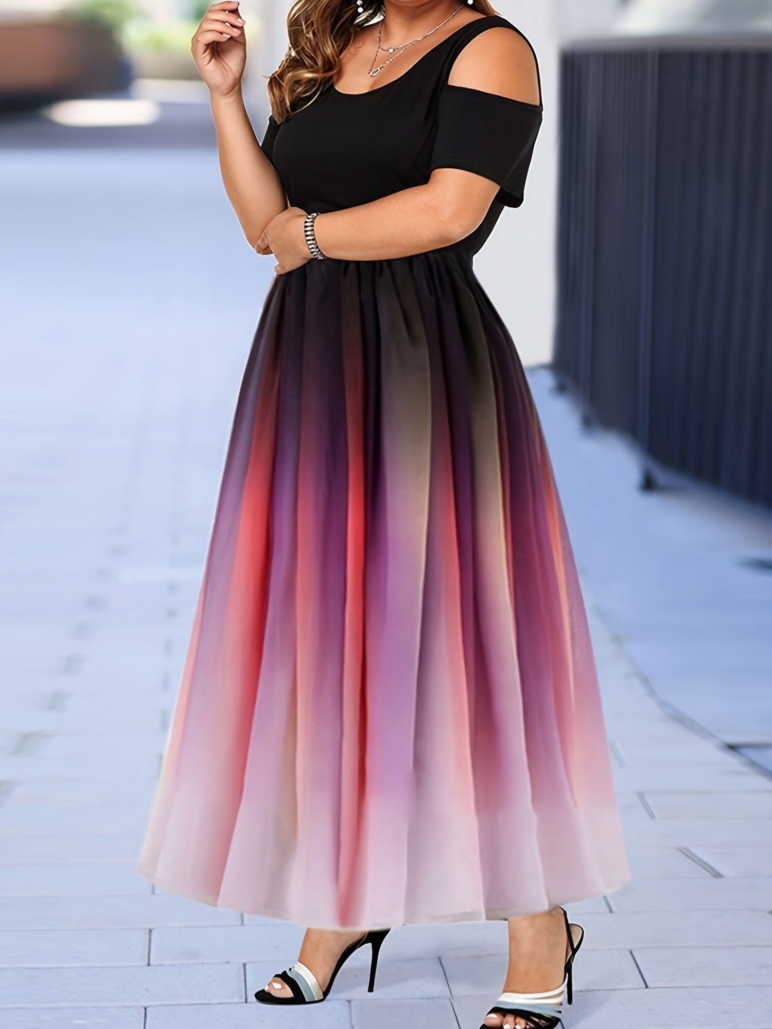  Ombre Print Cold Shoulder Maxi Dress Women's Plus