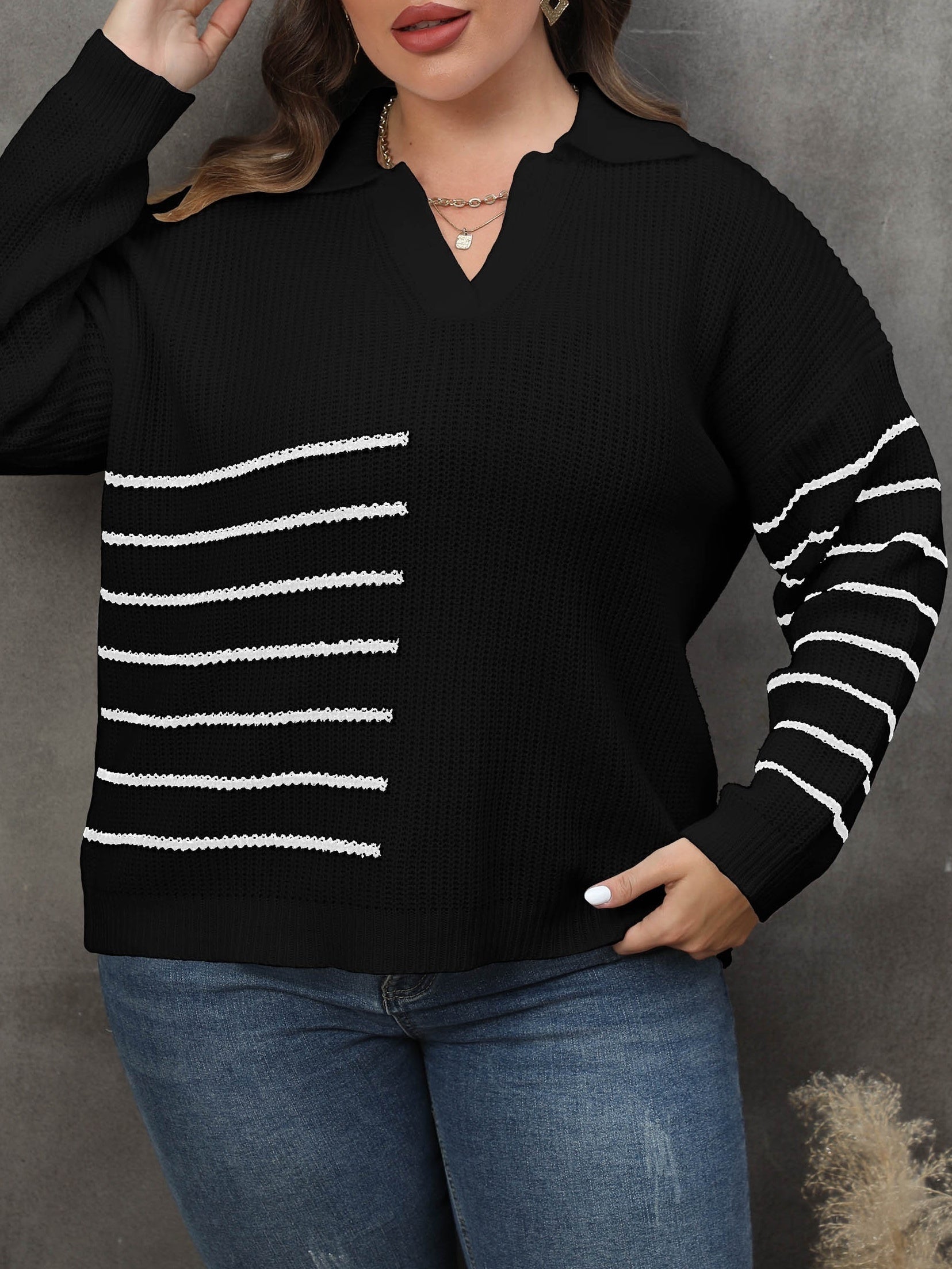  Striped Long Sleeve Polo Neck Casual Sweater