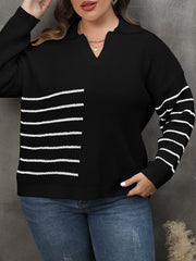  Striped Long Sleeve Polo Neck Casual Sweater