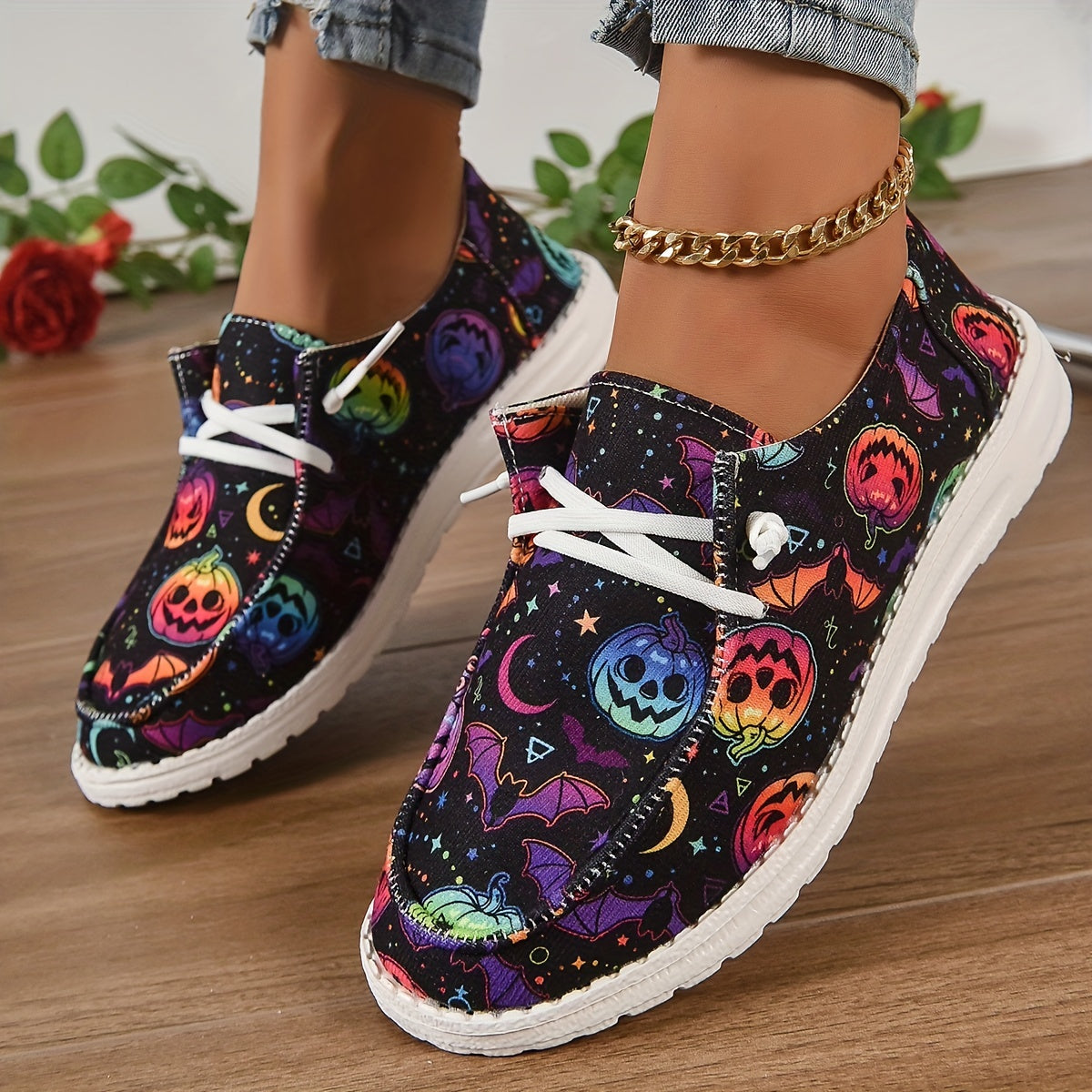 Women's Pumpkin Print Canvas Shoes Lightweight Lace Up Outdoor Shoes